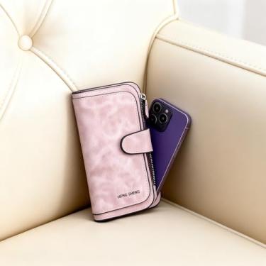 Imagem de Carteira feminina com três dobras, fecho de pressão fosco, porta-cartões em dois tons, organizador de vários compartimentos para todos os dias, bolsa de viagem