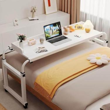 Imagem de HGTRH Mesinha auxiliar para sala de estar, mesa de computador com rodas, 45,28" - 82,68" mesa de cabeceira móvel ajustável longa e auxiliares de cuidado branco