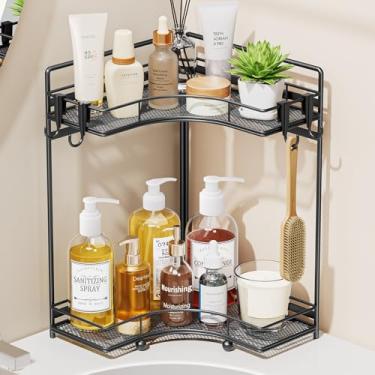 Imagem de VITVITI Organizador de balcão de banheiro de canto de 2 camadas, organizador de bancada de banheiro para pia, organizador de maquiagem de malha de metal para bancada de cozinha com ganchos, preto