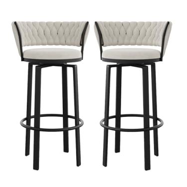 Imagem de Conjunto de 2 banquetas giratórias para bancadas de cozinha com encosto trançado, assento de veludo, pernas de metal preto, altura do assento 75 cm