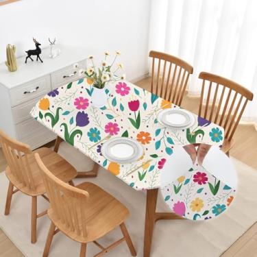 Imagem de Mulilai Toalha de mesa oval para primavera, verão, 122 x 162 cm, toalha de mesa elástica, lavável, antiderrapante, tecido elastano, sem rugas, para cozinha, mesa de jantar com tulipa floral