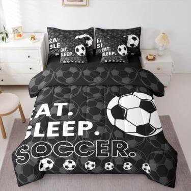 Imagem de Erosebridal Jogo de cama solteiro para meninos, jogos de futebol preto, 7 peças, temática de jogos de futebol, com lençol com estampa esportiva