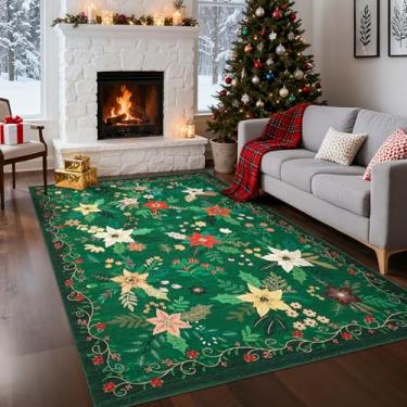 Imagem de GarveeHome Tapete floral verde de Natal 20 x 25 cm para sala de estar – Tapete de Natal lavável na máquina com suporte antiderrapante, tapete floral macio para quarto, cozinha e entrada