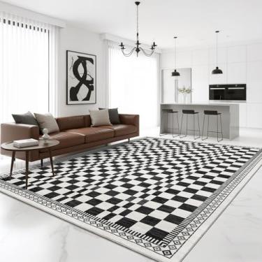 Imagem de GarveeHome Tapete lavável de 20 x 25 cm para sala de estar, quadriculado, antiderrapante, tapete contemporâneo, abstrato, preto e branco, tapete moderno para quarto, sala de jantar, berçário