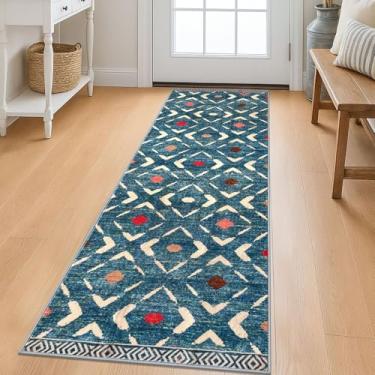 Imagem de KILOCOCO Corredores para corredores, tapete de corredor lavável, tapete de corredor antiderrapante envelhecido tapete de lavanderia, tapete de pêlo baixo para entrada/quarto/cozinha/sala de estar/banheiro, 2x6 azul/multi
