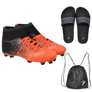 Imagem de Chuteira Campo Botinha UZ Cravo Adulto + Chinelo Slide + Bolsa Esporti