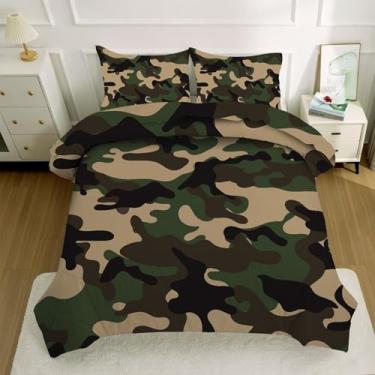 Imagem de kxry Conjunto de edredom de camuflagem verde, tamanho duplo, para crianças, adolescentes, meninos, macio, para todas as estações, com 1 edredom e 1 fronha