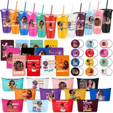 Imagem de Hollowfly Conjunto de 12 peças de presentes cristãos afro-americanos para mulheres negras inclui copo afro-americano de 680 g com tampa e canudo, bolsas de maquiagem, bloco de notas, espelhos
