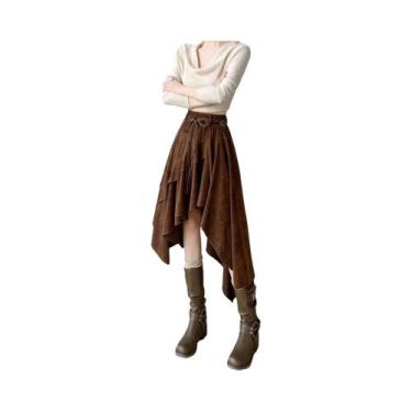 Imagem de Saia Midi Feminina De Camurça Vintage Boêmia Assimétrica Evasê Retrô O