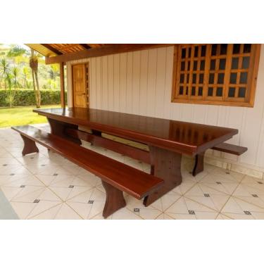 Imagem de Conjunto Mesa Jantar Rústica Tampo(300cm x 85cm x 6cm) com 2 Bancos Laterais Tampo(300cm X 36cm x 4cm) de Madeira Maciça - Pés formato Taça - Acabamento Verniz Nogueira Auto Brilho – 10 lugares