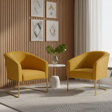 Imagem de Poltrona Sala Decorativa Kit 2 Stella Base Industrial Dourada Veludo Mostarda D03 - D'Rossi