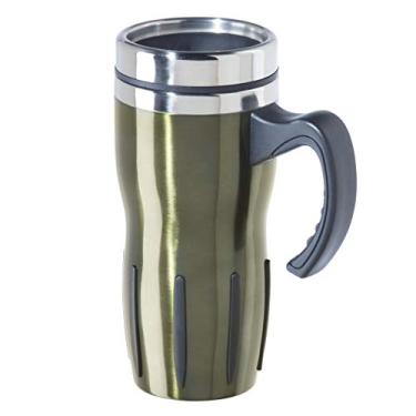 Imagem de Oggi Caneca térmica de viagem de aço inoxidável Multigrip – Oliva, 473 ml, com tampa deslizante aberta para bebidas quentes e frias.