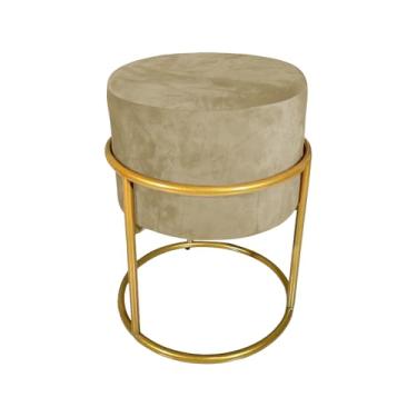 Imagem de Puff Decorativo Redondo Base De Ferro Dourada Tecido Veludo Bege