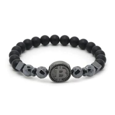 Imagem de Pulseira masculina de hematita preta fosca banhada a ouro Bitcoin pulseira blockchain pingente criptomoeda ouro sinal de sorte colecionar lembrança presente rock punk, One Size, Metal, Sem Pedra