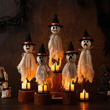 Imagem de VioraWhite Conjunto de 5 decorações de Halloween para ambientes internos primitivos fantasmas de Halloween em suporte de madeira com velas de LED chapéu de feltro para mesas centrais de mesa, cornijas
