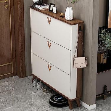Imagem de Armário de sapatos com 3 gavetas dobráveis, rack organizador de sapatos de madeira independente com cubo superior, armário de sapateira estreito para quarto, corredor, armário (tamanho: 60 x 17 x 120