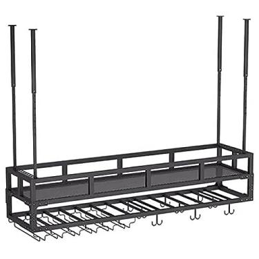 Imagem de Rack de vinho suspenso com suporte de vidro e prateleira, suporte de vinho de metal para montagem no teto, suporte de garrafa de vinho industrial ajustável, para bar café cozinha (cor: preto, tamanho