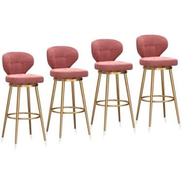 Imagem de Banquetas de barra douradas conjunto de 4 bancos altos giratórios de veludo moderno com encosto e apoio para os pés banco de ilha de cozinha cadeiras de bar giratório, 65 cm A, rosa