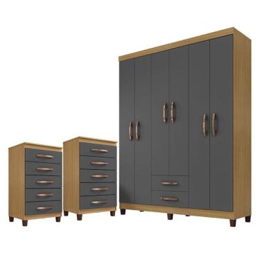 Imagem de Guarda Roupa Casal Módena Com 2 Cômodas Cannes 5 Gavetas Carvalho Grafite Americano - Incorplac