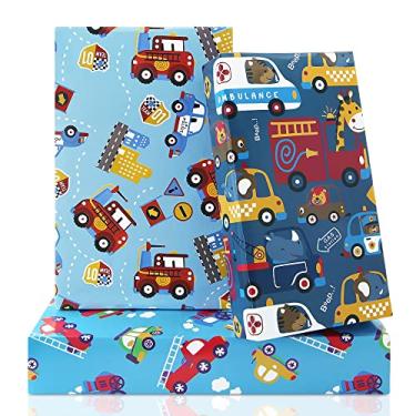 Imagem de Animais Girafa Elefante Leão Hipopótamo Urso em Caminhões de Bombeiros Guindaste Carro de Polícia Ambulância Barco Papel de Embrulho de Presente para Crianças Meninos Homens, Embrulho de Presente 50 x