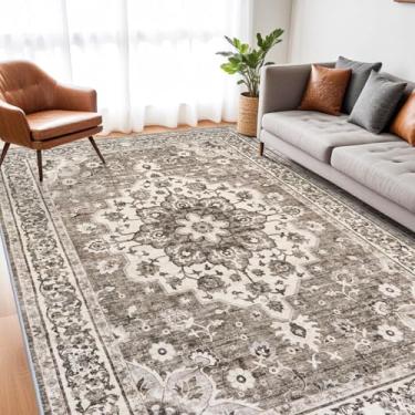Imagem de TOPRUUG Tapete de área oriental lavável – Tapetes para sala de estar, tapete macio para quarto, impermeável, floral, envelhecido, resistente a manchas, resistente a manchas (bege, 7 x 9)