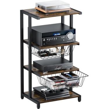 Imagem de Ardier Suporte de mídia com duas cestas destacáveis, prateleira de canto de mídia AV de 4 camadas para leitores de DVD, caixas de cabo/consoles de jogos, suporte de armazenamento de áudio para sala de