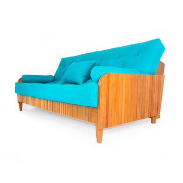 Imagem de Sofá Cama Paris Ripado Sarja Azul Turquesa Madeira Nobre
