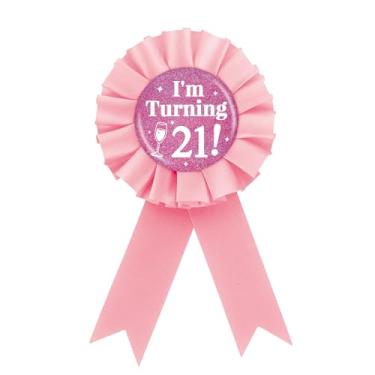 Imagem de Broche de crachá de folha de flandres It's My 21st Birthday, Roseta rosa girando 21 botões, broche de fita de presente de prêmio de feliz aniversário de 21 anos