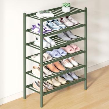 Imagem de Smiry Sapateira de bambu para armário, organizador de sapatos empilhável de madeira de 6 níveis, prateleira de armazenamento de sapatos de pé livre para entrada, entrada da porta da frente, verde