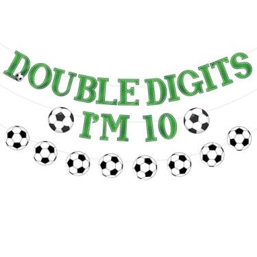 Imagem de JOYMEMO Decorações de festa de 10 anos de futebol, faixa de feliz décimo aniversário de dois dígitos, banner com tema esportivo, suprimentos de festa de futebol esportivo para meninos e meninas de dez