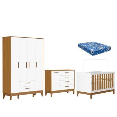 Imagem de Quarto De Bebê Flip Com Cômoda Sapateira Branco Acetinado Savana Com Colchão Ortobom - Reller