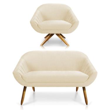 Imagem de Kit 01 Namoradeira 02 Lugares E 01 Poltrona Giratória Giovana Veludo Bege Base Madeira