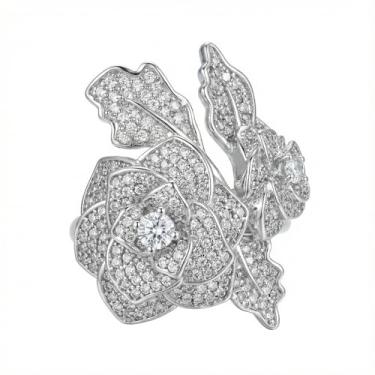 Imagem de Izpack Anel de compromisso de casamento de flor rosa de cristal para mulheres delicadas zircônia cúbica floral folha ajustável anel confortável envoltório aberto faixa de dedo joia de noivado de luxo