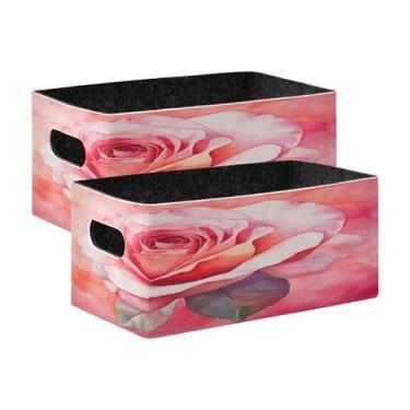 Imagem de xigua Conjunto de 2 caixas de armazenamento de rosas em aquarela, cubo de armazenamento dobrável, organizador de cestas de armazenamento para livros, prateleiras, armário, lavanderia, berçário