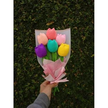 Imagem de Buquê de Tulipas em Crochê Colorido com 12 Flores | Presente Romântico Eterno Dia dos Namorados e das Mães | Flor Artesanal Decorativa(Sortido)