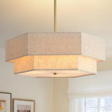 Imagem de InterMaka Lustres modernos de 45 cm para sala de jantar, luminária pendente de teto de 3 luzes dourada para quarto com cortina de tambor de linho de 2 camadas, lustre de latão vintage para entrada de