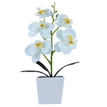 Imagem de Heave Orquídeas artificiais com vaso branco, plantas de orquídeas falsas flores de seda bonsai decoração para mesa de escritório em casa, decoração de festa de casamento, creme branco