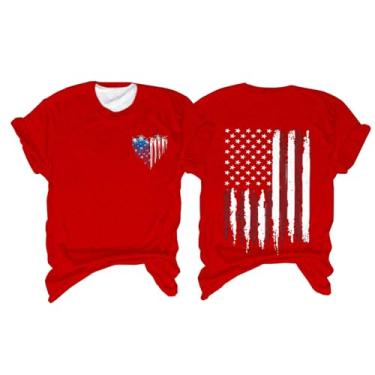 Imagem de Camiseta feminina com bandeira da América, roupa do quarto de julho, roupa do Memorial Day, camiseta patriótica feminina de manga curta, #1 - vermelho, XXG