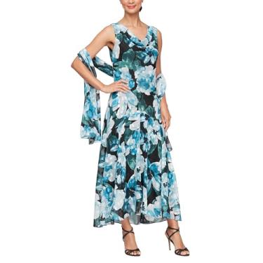 Imagem de Alex Evenings Vestido feminino sem mangas com estampa floral e gola drapeada com xale, eventos formais, vestido de convidada de casamento, Azul-petróleo multi, 52