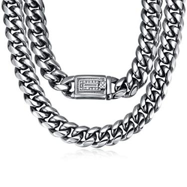 Imagem de ROWIN&CO Corrente masculina de prata 15 mm de espessura de aço inoxidável pesado Miami Curb com corrente de diamante Gargantilha CZ, 20 a 89 cm