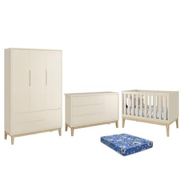 Imagem de Dormitório Infantil Classic 3 Portas, Cômoda 1 Porta, Berço com Pés Madeira Natural e Colchão - Reller Móveis Areia Fosco