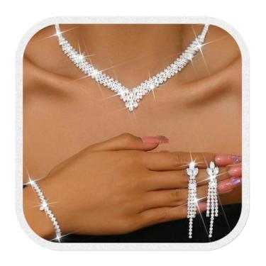 Imagem de Brishow Conjuntos de joias de casamento de prata, colares e brincos de strass com pulseira de cristal, bijuteria formal para mulheres, One Size, Strass, Sem Pedra Preciosa