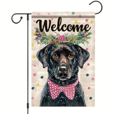Imagem de Starlit Patio Welcome Black Labrador Dog Garden Flag Spring Summer Floral Bow Tie Dupla Face Yard Flag Seasonal Outdoor House Banner Dog Lovers Varanda Gramado Pátio Suprimentos 30 x 45 cm