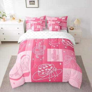 Imagem de jejeloiu Conjunto de edredom com lençol de solteiro, decoração ocidental, caubói ocidental, estilo caubói selvagem, estilo grunge, 7 peças, rosa escuro