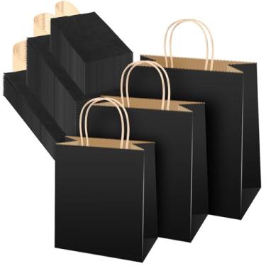Imagem de Sabary 75 sacos de presente de papel kraft com alças sacola de papel para sacolas de presente, compras, devolução, negócios, varejo, festa, mercadoria, 3 tamanhos (preto)