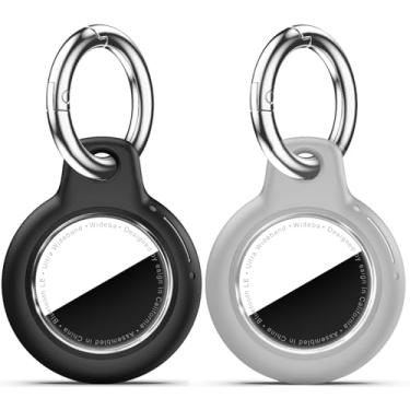Imagem de Pacote com 2 Airtags de suporte à prova d'água com chaveiro Apple AirTag, capa rígida para PC AirTag, suporte antiarranhões e choques, chaveiros e chaveiros masculinos femininos - preto + cinza