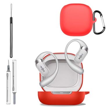 Imagem de Capa para SHOKZ OpenFit 2+, capa protetora de silicone para SHOKZ OpenFit 2+, capa à prova de choque de corpo inteiro com proteção contra arranhões, com chaveiro, cordão e kit de limpeza, vermelha