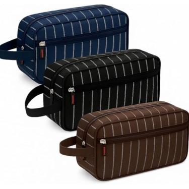 Imagem de Bolsa Necessaire Masculina para Higiene Pessoal – Modelo Listrado com Zíper Reforçado e Alça Lateral – Compacta, Prática e Impermeável – Ideal para Viagens, Academia ou Uso Diário (Marrom)