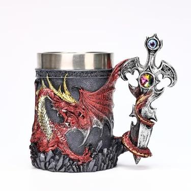 Imagem de JIUMOZHI Caneca medieval de espada de dragão cruz resina pintada à mão aço inoxidável incrustado decoração criativa de móveis (vermelha)