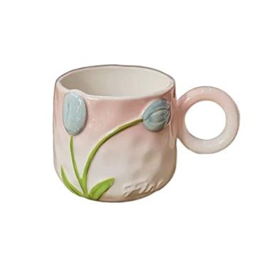 Imagem de GRFIT Caneca de cerâmica tulipa pintada à mão adorável xícara de café 500 ml caneca de grande capacidade caneca de café para escritório (cor: latão)